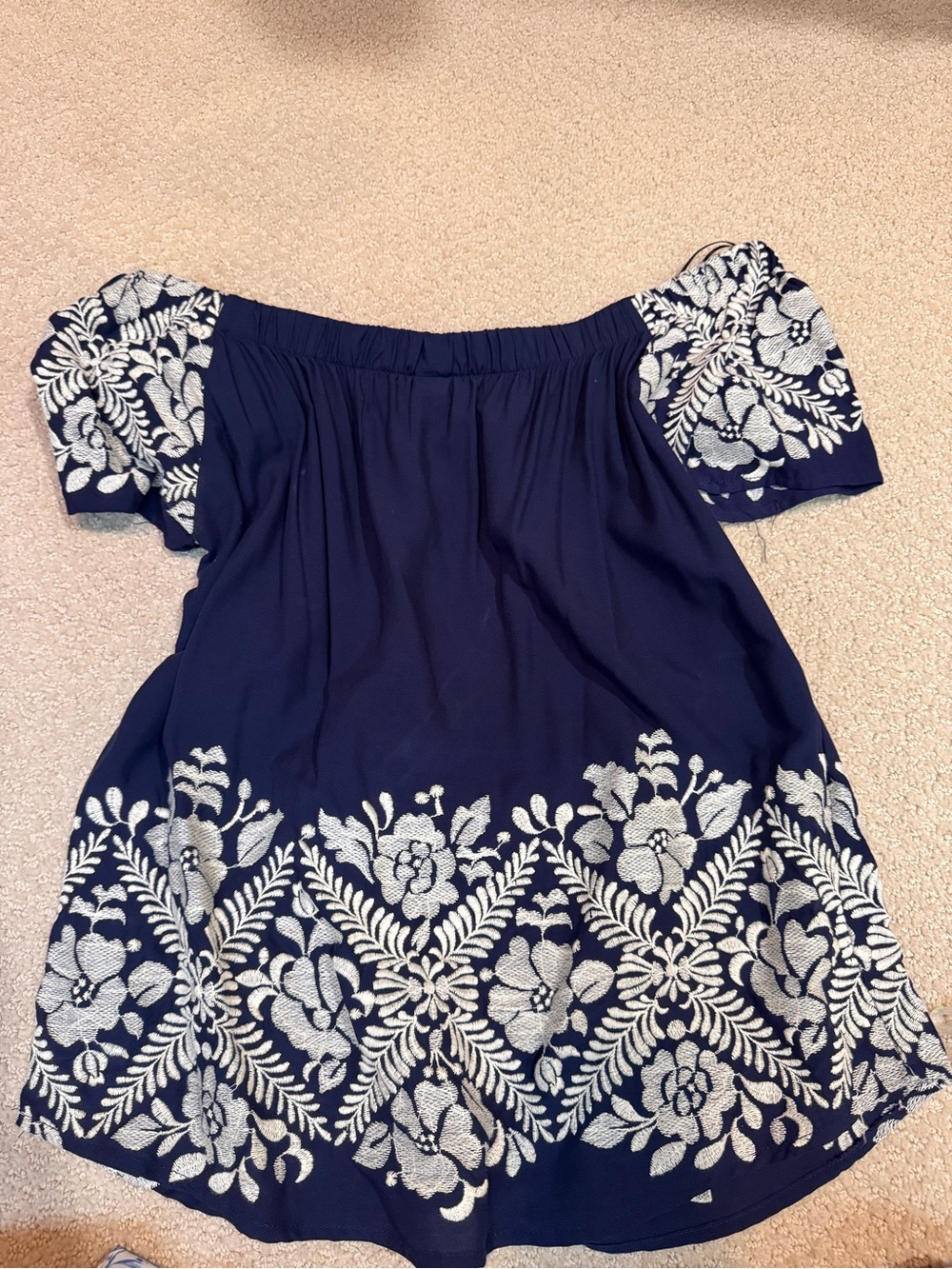Allison Joy Navy Blue Floral Embroidered Off-Shoulder Top